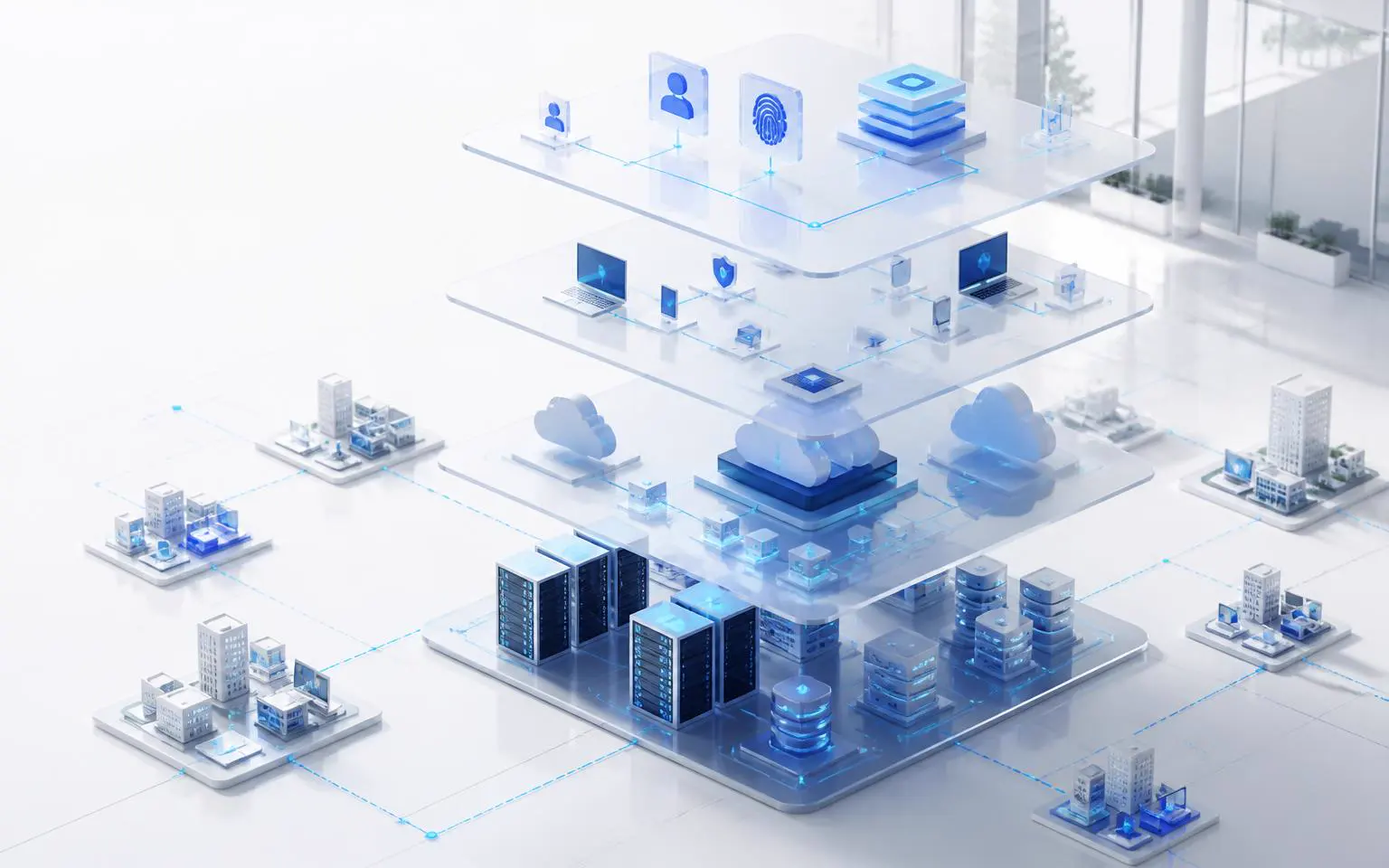 Enterprise Microsoft cloud, endpoint, identity, and infrastructure environment represented as an interconnected secure architecture.