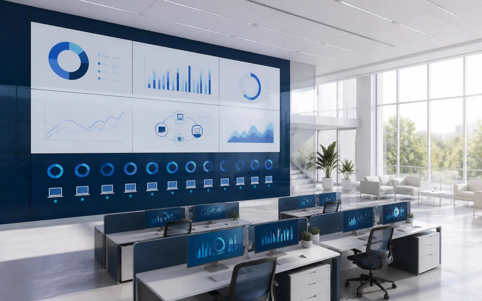 Managed enterprise environment showing patching, endpoint health, monitoring, reporting, and escalation workflows. Illustrative concept, not real client data.